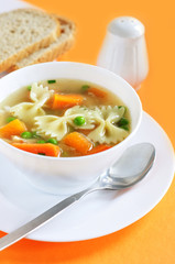Bowl of schicken noodle soup