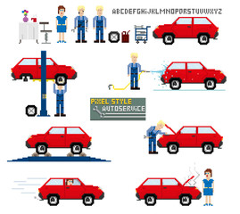 Pixel art style. Auto service. Vector illustration.