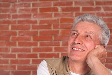 senior builder on wall background