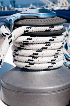 winch with rope on a sailing boat