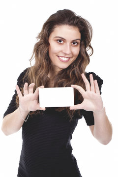 woman holding an empty card