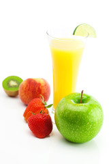 juice,apple,strawberry,peach and kiwi isolated on white