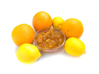 citrus jam with orange and lemon isolated over white