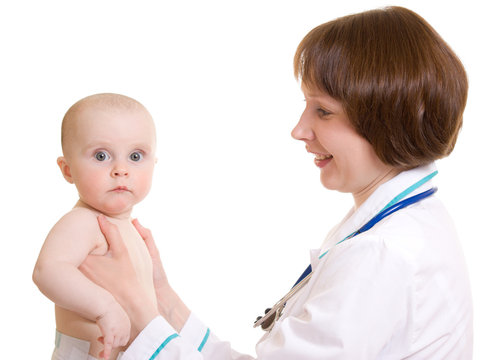 Doctor with a baby on a white background.