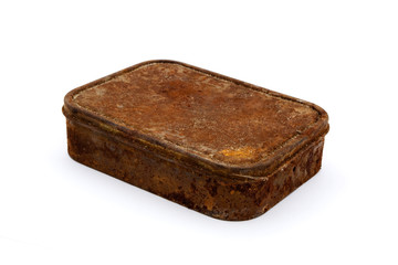 Rusty aged rectangular tin over white