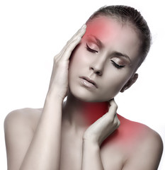 woman having migraine on white background