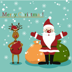 Christmas and New Years greeting card with Santa and deer