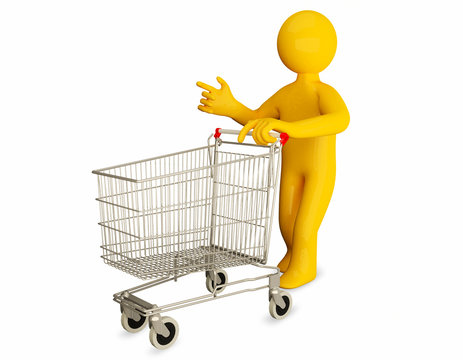 3d man pushing a shopping cart