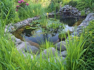 Ornamental pond with waterfall in garden