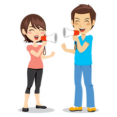 Funny concept of couple arguing with megaphone