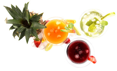 Exotic drinks on white background, top view