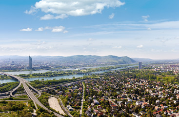 Fototapeta premium Panorama of Vienna with Danube River the Donauinsel