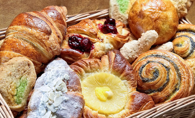 in the basket of pastries, muffins, croissants, pastry