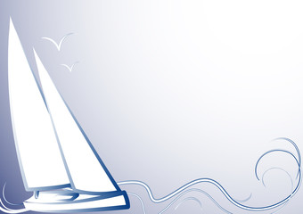 Blue background with yacht, gulls and waves