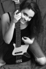 Woman with bass guitar, B&W