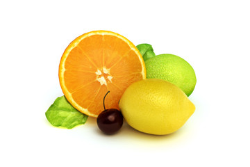 Concept fruit melody of an orange, lemon, lime, and cherry