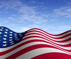 American flag with blue sky in horizontal perspective