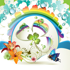 Background with lilies, clover and drops of water over rainbow