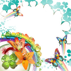 Background with lilies, butterflies and drops of water