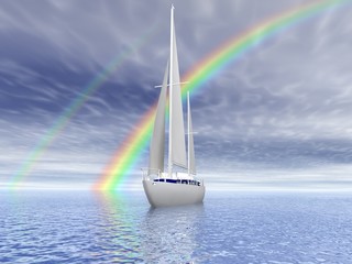Sailing luxury yacht on beautiful seascape with rainbow