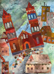 Catholic church in the city. A collage of paper. Arrangement