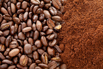 ground coffee and beans in closeup