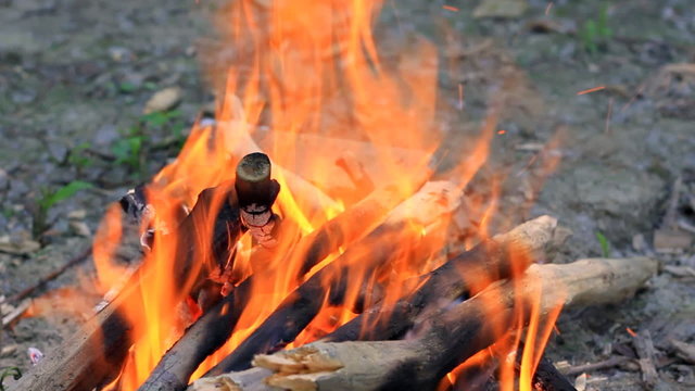 Burn fire with wood and charcoal