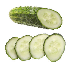 Cucumber and slices isolated on white