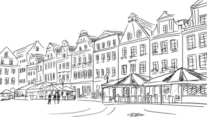 Papier Peint photo Lavable Café de rue dessiné vieille ville - croquis d& 39 illustration