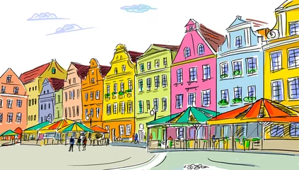 Tissu par mètre Café de rue dessiné Illustration de la vieille ville