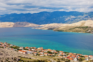 Panorama of Pag city, the largest city on Pag island, Croatia