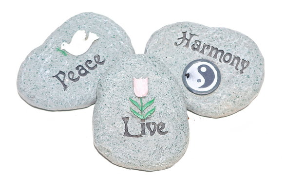peace, live, harmony garden rocks