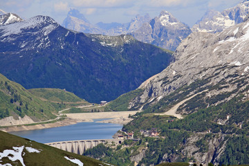 Panorama of Fedaja Lake and Marmolada glacier in Val di Fassa