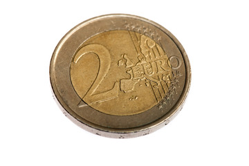 Two Euro coin, extreme macro shot, on white background