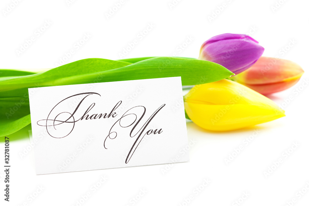 Sticker colorful tulips and a card signed thank you isolated on white