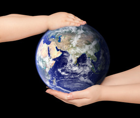 Child and woman holds earth globe