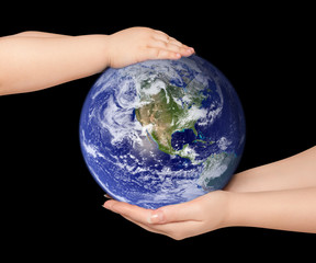 Child and woman holds earth globe