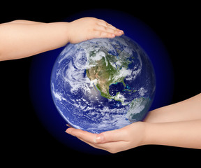 Child and woman holds earth globe