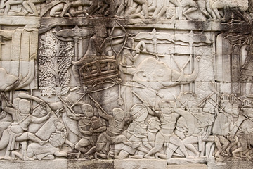 Bas-relief of temple Prasat Bayon in Angkor Wat , Cambodia