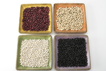 Mixed dried beans in coloreful square dishes