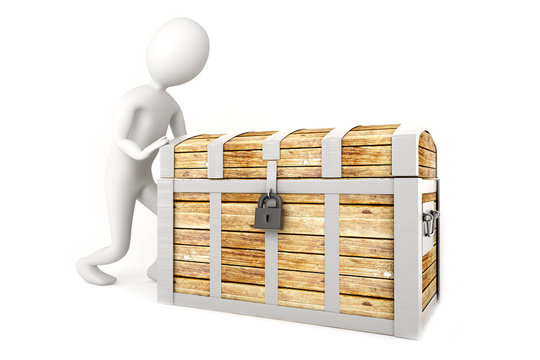a man pushing a pirate chest