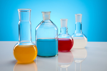Laboratory flasks containing liquid color