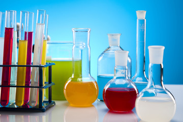 Laboratory flasks containing liquid color