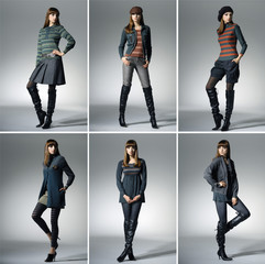 Collage of Beautiful fashion model posing in light background