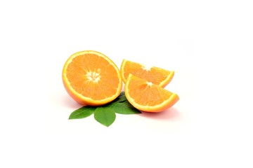 3 pieces of freshly cut orange on a white background