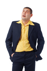 Man in Yellow Shirt Looking Upward.