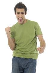 Smiling young man standing with his arm raised isolated