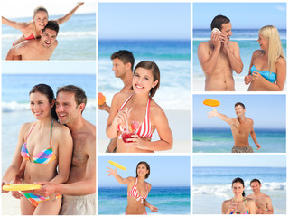 Collage of lovely couples enjoying a moment together on a beach