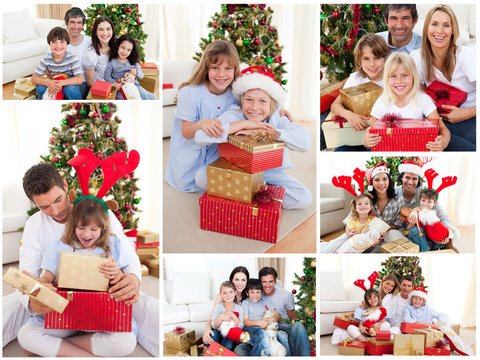 Collage of families celebrating Christmas together at home