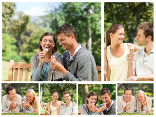 Collage of lovely couples eating ice creams in a park